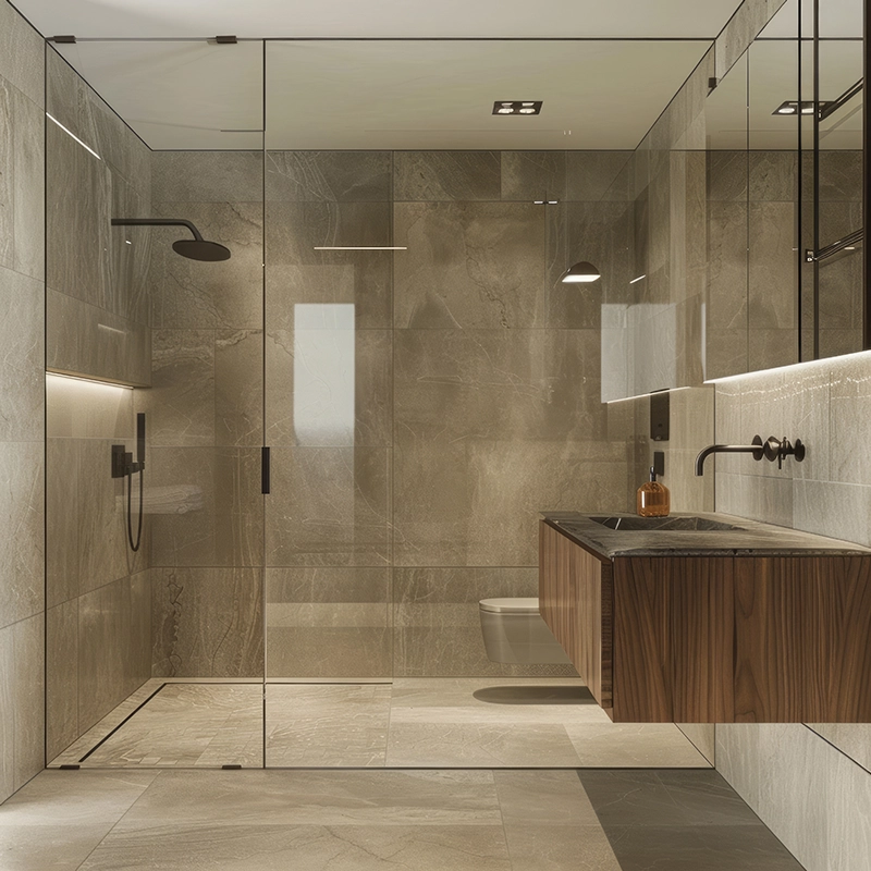 A remodeled bathroom with a curbless shower design